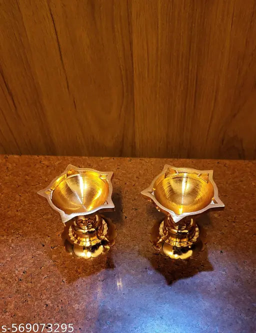 Premium Pure Pital Diya Set | 2 Pcs Traditional Brass Oil Lamp for Pooja