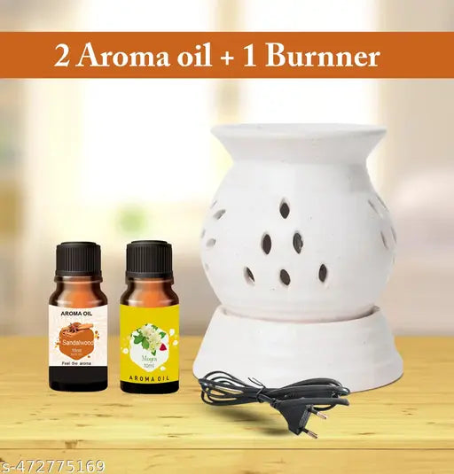 Combo Gift Set - Home Scented  Electric Lamp Diffuser Oil Burner + 2 Scented Aroma Oil ( 10ml Each ) Sandalwood Mogra Aroma Oil For Home Office Spa Restaurant Bar Office Etc.