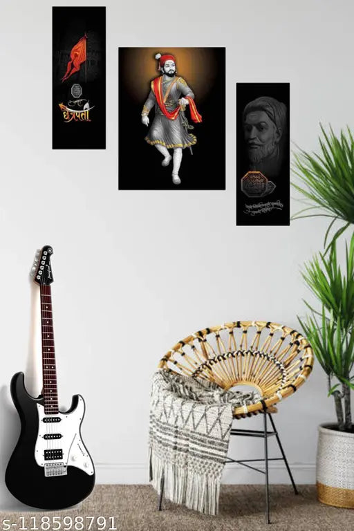 WALLSTOXX Modern Art Chhatrapati Shivaji Maharaj Set of 3 Wall Painting For Living Room Home Decorated Office Hotel Gift Item 12 Inch * 18 Inch Painting