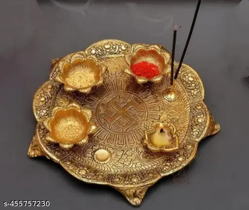 Gold Metal Pooja Thali with 4 Diya for Pooja & Temple Decoration