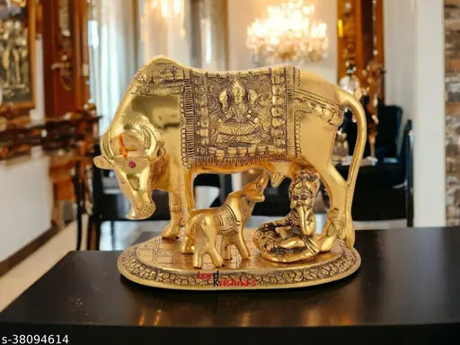 LAXMI MARBLE & GRANITE Kamdhenu Cow with Calf & Krishna Brass God Figure Showpiece Decor (Medium Regular Quality)