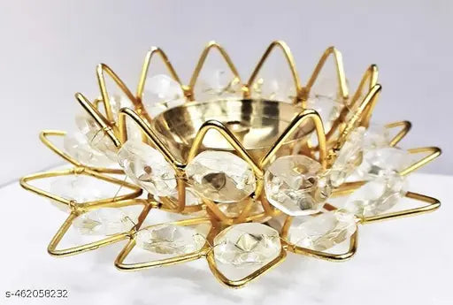 A&S VENTURES Set of 2 Golden Lotus Flower Shape Crystal Brass Diyas For Diwali Pooja - Diwali Diya for Puja - Housewarming | Ganesh Chaturthi | Diwali Gift Items - Diwali Decoration Item For Home Decor