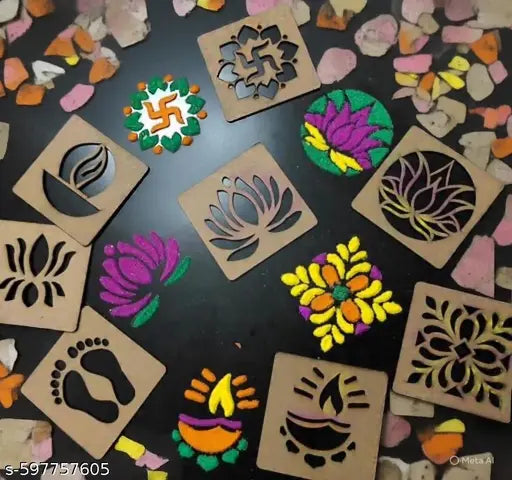 Rangoli Stencil Set 8 Intricate Reusable MDF Designs for Diwali & Festive Decoration 1