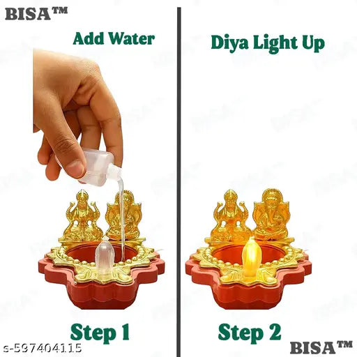 BISA™ Premium Water Sensor Diya | Pack of 12 Laxmi Ganesh LED Diya for Pooja & Festive Décor