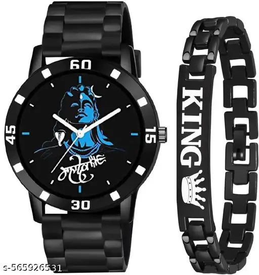 Premium Black Rubber Belt Men’s Watch with King Bracelet – Free Stylish Bracelet – Trendy Analog Watch for Boys & Men