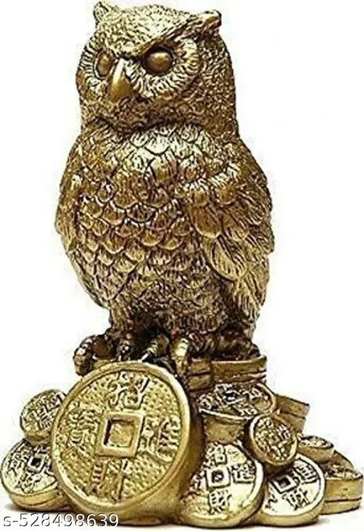 DVS Owl Standing on a Pile of  Idol Statue For ,Good Luck & Prosperity, for Car Dashboard & Home Decor, Made in India Decorative Showpiece - 9 cm  (Stone, Gold) Best For Gifting Holy Spiritual Showpiece