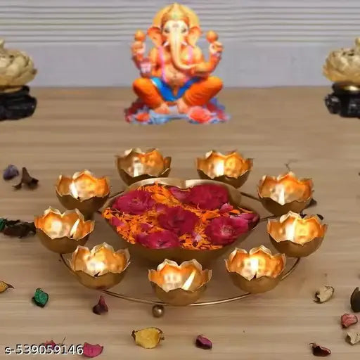 Flower Design Metal Lotus Urli Bowl for Home Décor 10 Inch | Big Decorative Urli Bowl for Floating Flowers Tealight Candles | Flower Bowl for Home Decoration | Diwali Decoration Items for Home Décor
