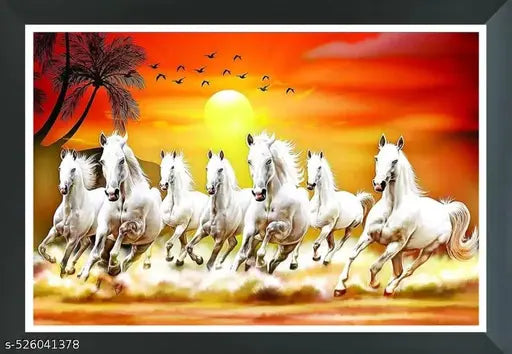 WESTVILLE 7 Running Horse /Lucky Seven Running Horses/ 7 Running Horses Vastu/UV Textured Home Decorated Gift Item 6 MM MDF Painting Painting With Frame/Bedroom, Office, Hotels, Drawing Room Wooden Painting 14 x 11 inch