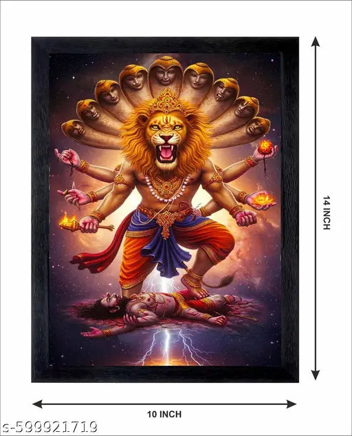 Lord Narasimha Wall Hanging | Lord Narasimha Hiranyakashipu photo Framed Painting | Wooden Home Decor  Frame (Black, 10 x 14 Inch, Small Size)