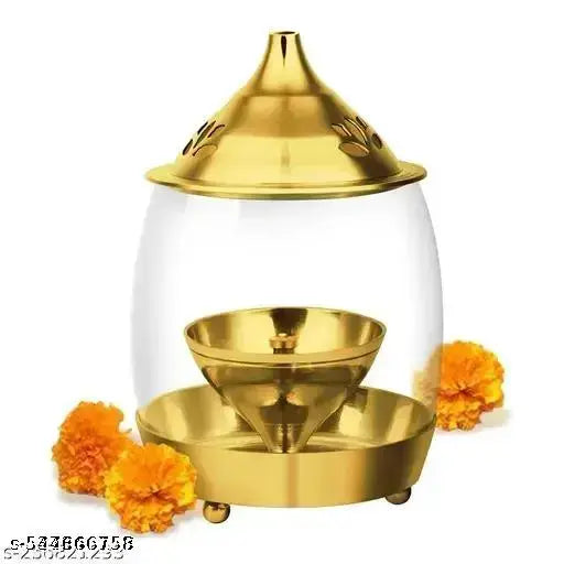 Diya 6 Inches Brass Akhand Deepak Diya for Pooja with Borosilicate Glass Cover Oil Brass Lamp Diya Puja Perfect for Diwali Gifting and Home Decor (Arpan 6 Inch)