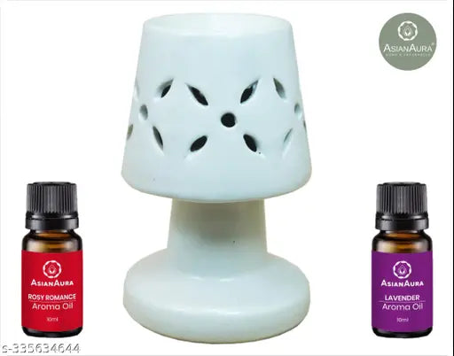 Handcrafted Ceramic Electric Aroma Diffuser Oil Burner| Aroma Oil Diffuser for Home with Aroma Oils, Cylinder Shape, White Color (Lavender & Rose 10 ml Each)