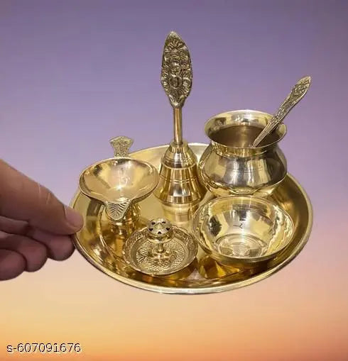 Brass Pooja Thali Set with Bell, Bowls and Spoon, Traditional Hindu Worship Plate, Gold Finish