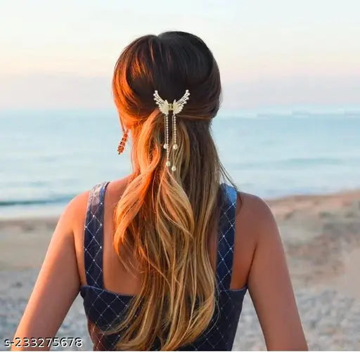 Dazzle Pearl Tassel Butterfly Style Hair Claw Clip Metal Clutcher Claw Clamps Korean Style Wedding Hair Accessories For Girls And Woman (Pack of 1)