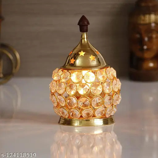 Brass Crystal Diya for Pooja and Diwali Decoration(4.5 inches)