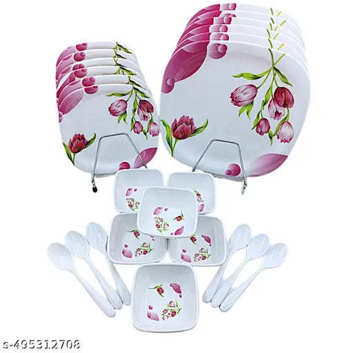Perfectdine 11/8 inch Melamine Printed Design Dinnerware Set of 32 pcs (6 Dinner Plates ,6 Half/Quarter Plates, 12 Bowl, 6 Table Spoon 2 service spoon  Set)