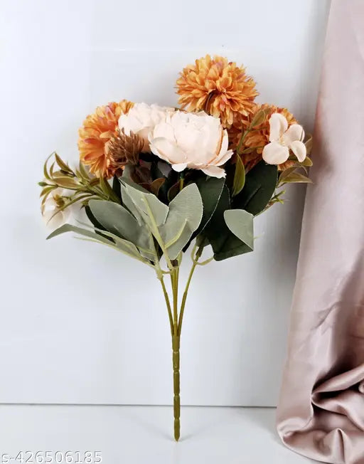 PRAJNA 1 Bunch Artificial Dahlia Peony Flowers for Home Decor, Gifting, Office, Living Room, Bedroom, Event, Birthday, Festival, flower decoration, functions, Wedding Decoration Items, valentine Decoration (without Vase Pot) (Orange)