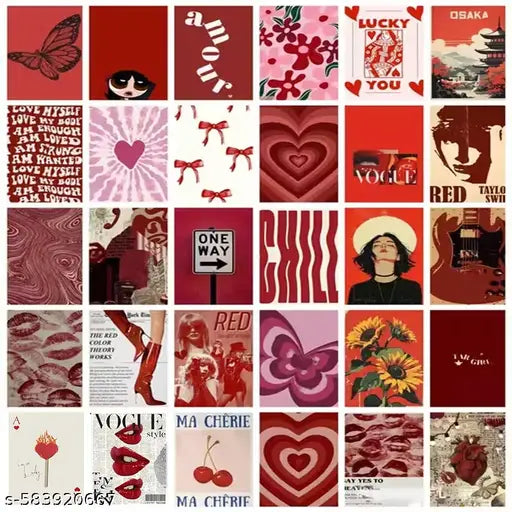 KARTMEN Aesthetic red colour poster card for wall decoration combo of 30 size A6