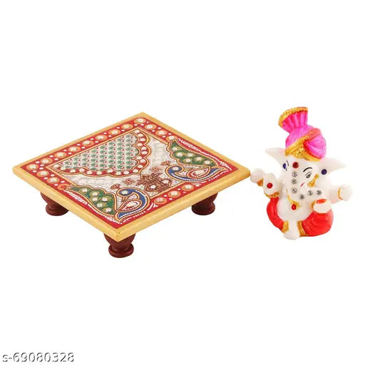 Marble Ganesh Ji Idol with Marble Chowki Design for Home Temple, Office Desk, Car Dashboard, Mandir Pooja Room & Auspicious Gift
