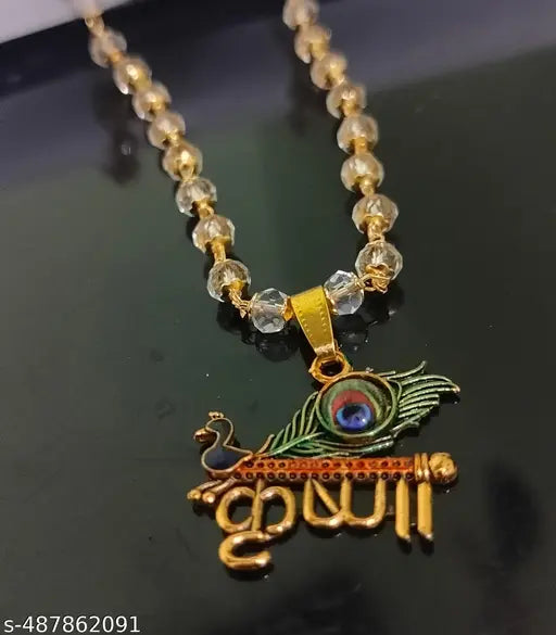 Trending stylish new hindu religious gold plated Radhe Shyam Krishna locket with Crystal mala chain pandent Necklace for boys/men and girls/women