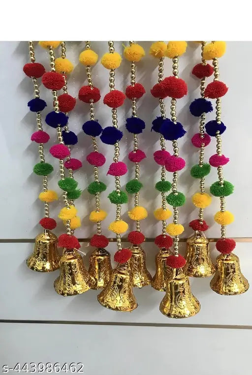 10 Pcs Handmade Wall Door Red Yellow Green Hanging Pom Pom Torans Garland Bandhwar with Golden Bells Decoration Item, Home Decoration, Diwali Decoration, temple Room. ( Size Approx 3.5 Fitt )