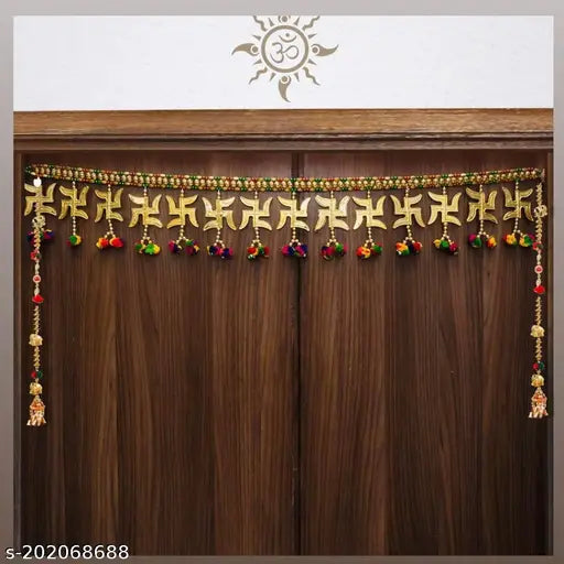 Neel Shobha Enterprises Handcrafted (Combo of 2) Golden Swastika Toran & Pair of Elephant Latkan with Colourful Pumpum,Best Trending Ethnic Design Toran for Your Main Door & Bandhanwal for Home Decor (Toran -3 Feet)(Combo of 2) (Latkan H=26 & L=1 Inch) (1