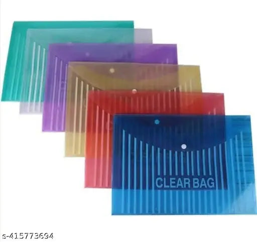MCB A4/Legal Size Opening Pocket Document File My Clear Bag Snap Button Closure with Label Pocket for Home, Work Office Paper Stationary Organization (5 Pcs -Mix Color)