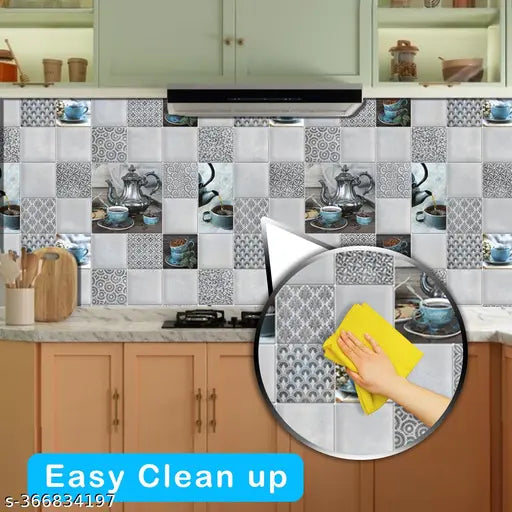 Buy 1 Get 3 Kitchen Wallpaper Pack Of 3 Wallpaper For Kitchen Wall | Cup Plate Wallpaper | Wall Sticker For Kitchen | WaterProof Oil Proof Wallpaper (40x100)Cm Grey Kitchen Wallpaper