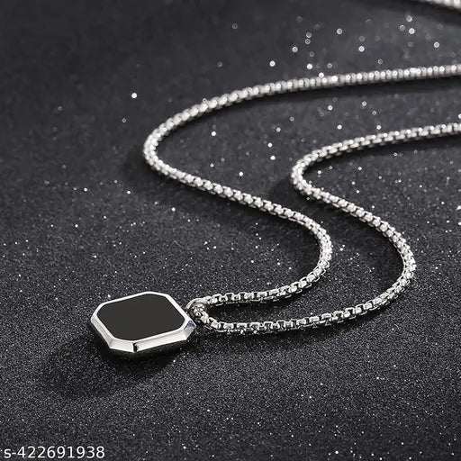 Silver Geometric Octagon  Chain Dripping Glue Black Onyx Stone Pendant Locket Silver Stainless Steel