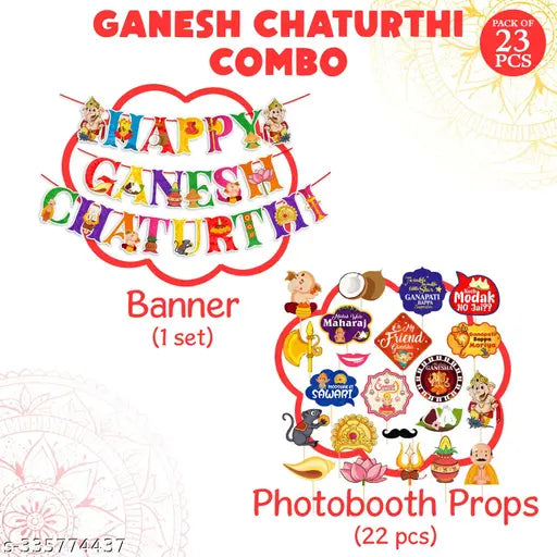 Zyozi Ganapati  Puja Ganapati CHATURTHI Banner & Ganapati  Puja Photo Booth Props/Ganapati  Puja Decoration Items/Decorative Items for Ganapati  Puja/Photo Booth Props (Pack of 23)