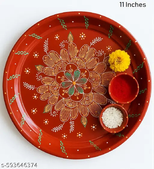 Grest Handcrafted 11 Inches Red Pooja Thali with Floral Design and Two Kumkum Bowls – Decorative Plate for Festivals & Rituals