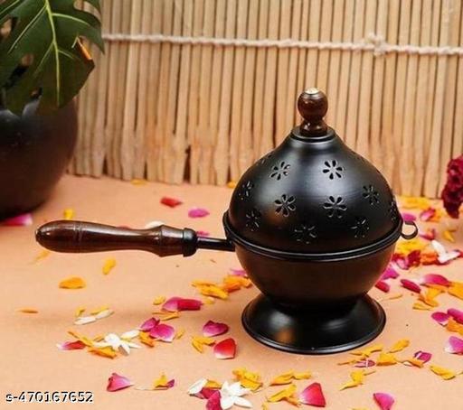 SM India Metal Dhoop Dani Loban Burner Holder Stand for Home | Dhup Kapoor Dani for Puja with Wooden Holder | Sambrani Holder | Dhuni Burner Samrani Batti Stand for Pooja | Dhup Stand Incense Oud Burner- Black