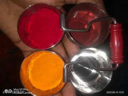 Puja Puja Roli Chawal, Elaichi, Mishri 4 Bowl Stand | Chowmukh Haldi Kumkum Holder Patra (Small Size: 8.5x8.5x5.5 cm, Color: Multi) (Stainless Steel)