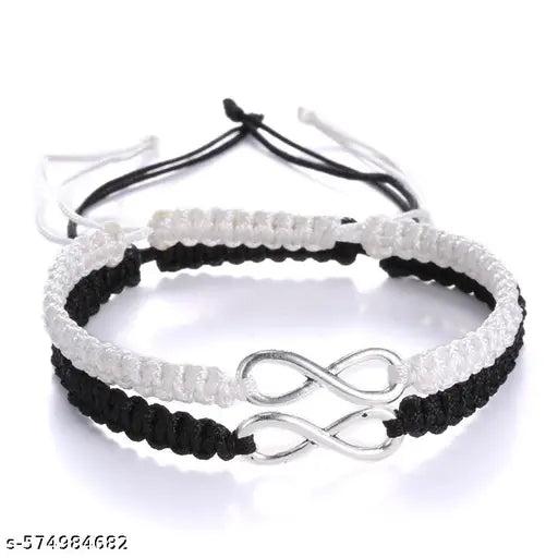 2pcs Infinity Matching Bracelets | Handmade Eternal Love Black & White Braided Adjustable Rope Bracelets | Unisex Jewellery for Couples, Friends & Family