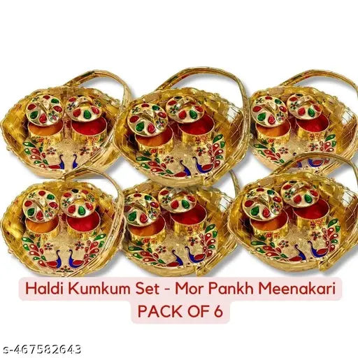 HALDI MEHENDI SHAADI SANKRANTI Haldi Kumkum Golden Basket with Free Haldi Kumkum | All in one Gift for Women, Weddings, Pooja Functions | Traditional Meenakari (Pack OF 6)