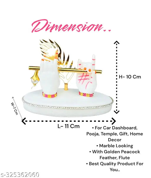 New Marble Dust White Krishna Hand Statue With Golden Peacock Feather, Brass Flute for Car Dashboard, Gift, Showpiece, Living Room, Office, Home Decoration Idol (4 Inch, BEST QUALITY)