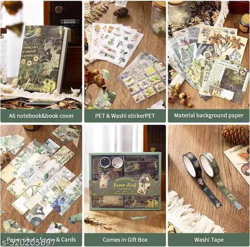 346pcs | Vintage Aesthetic Scrapbook Kit | Supplies Kit with A6 Grid Notebook, Washi Tape, Stickers, Scrapbook Paper, Envelopes, Journaling Cards, and Decorative Stamps (Nature Theme)