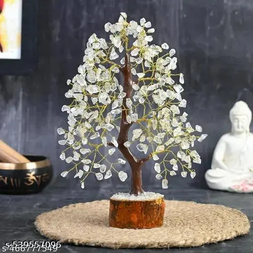 white Crystal Tree Good Luck Showpiece for Home Decor Items Crystals Gemstones Bonsai Money Tree for Good Luck, Decoration Gift Item - 10-12 Inch (Clear Quartz Golden Wire) 150 BEADS
