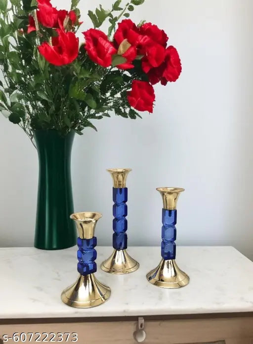SHREE HARI HOME DÉCOR Brass Candle Holder Brass and Acrylic Candleholder for Church Home Decorating Candle-Stick Holder Stand Gift Diwali (6 Inches) Set of -3 Royal Blue