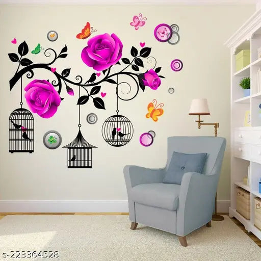 DivineDesigns Pink Rose Flowers with Bird Cages Wall Sticker ( Size :- 30 X 24 inch )