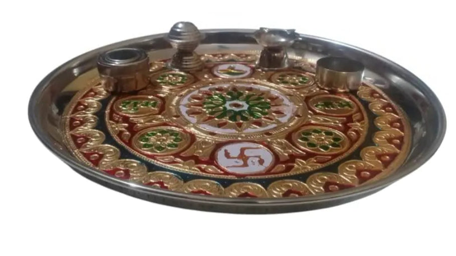 Decorative stainless steel pooja thali set with diya and incense holder