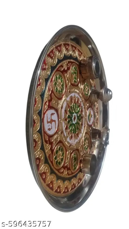 Decorative Pooja thali/Ornate Embellished Pooja Plate/Traditional aarti thali/Decorated Pooja Tray/Indian Pooja thali with diyas/Puja thali Set with Incense Holder (10 inch)
