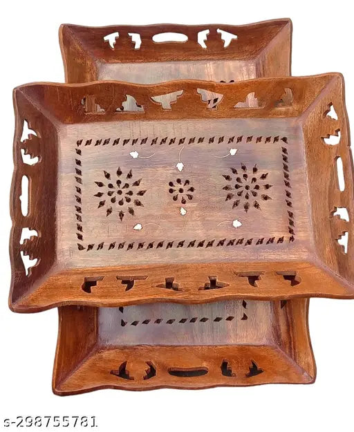 SWH: Wooden 2 Pcs Of Serving Trays / Trays / Decorative Trays (15x10) & (13x9)
