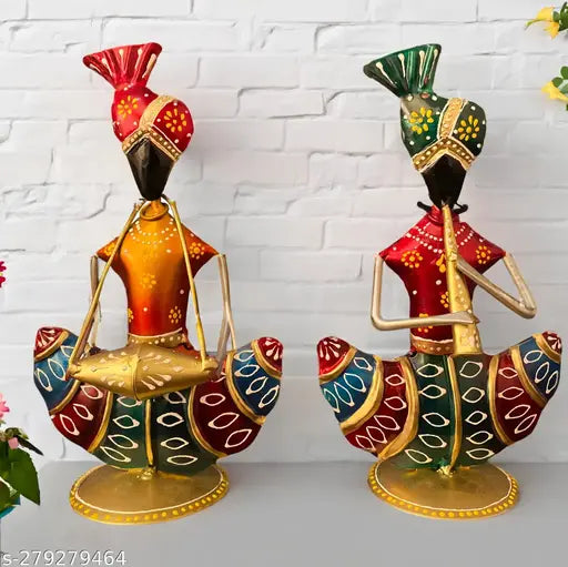 Ethnic Iron Musician Statue Set | Handmade Rajasthani Decor – 9 Inch (2 Pc)