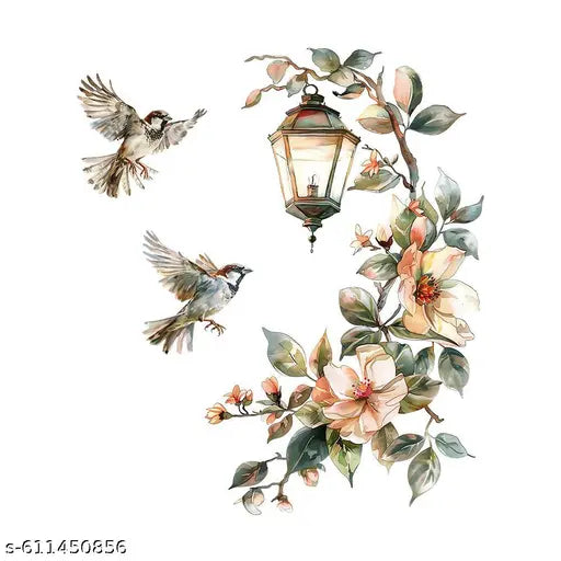 Nisha Tredars  “Flying Sparrows with Floral Lantern Decor” wallsticker