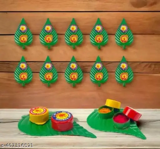 Name: Leaf shape Thamboolam set with Pasupu Kumkum- Fancy Leaf set combo with Haldi Kumkuma (21) pic