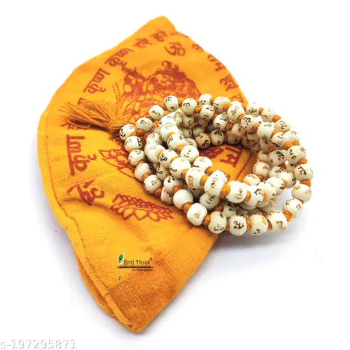 Bagla Creations Hare ram hare krishna carving on White Rosary jaap japa mala 108+1 Beads With jholi bag