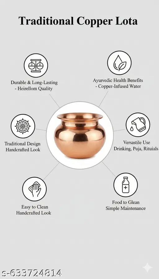 Pure Copper Kalash Lota | Traditional Pooja Kalash for Hindu Rituals, Festivals, and Home Temple Use