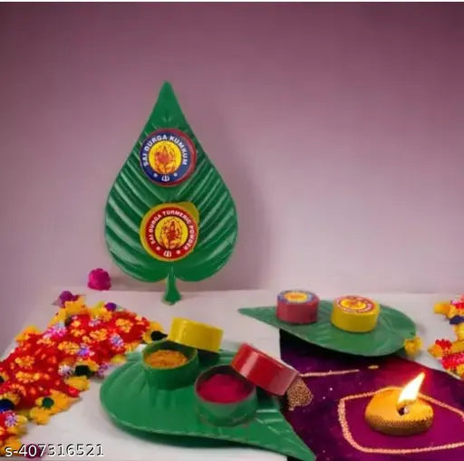 Name: Leaf shape Thamboolam set with Pasupu Kumkum- Fancy Leaf set combo with Haldi Kumkuma (21) pic