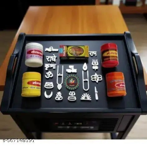 17 Different types tilak Stamp With 5 Chandan Box Radhakund Tilak Kesar Chandan Gopi Chandan Yellow chandan and 17 Different Zink Tilak Stamp Puja Article Puja Samagri puja set ..a