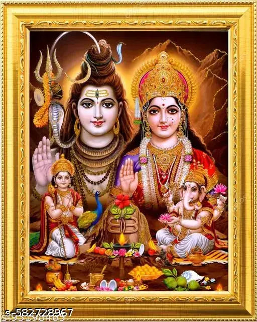 Shiva Parvati with Ganesh ji/Shiv parivar Photo Frame for Wall Hanging/Gift/Temple/puja Room/Home Decor Golden Frame with Laminated(6inchesx8inches)